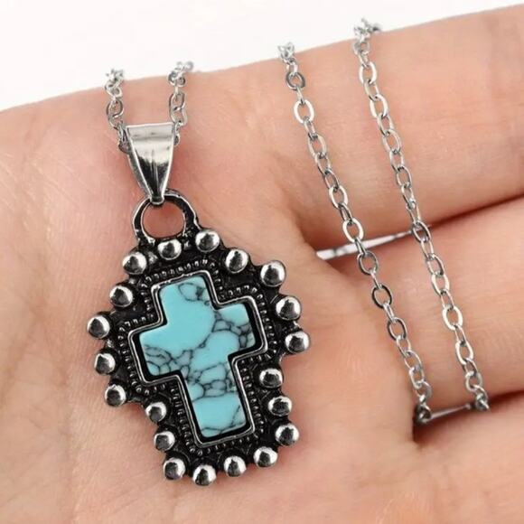 Turquoise Cross w/ 925 Silver Necklace Western Native Christian Birthday Gift